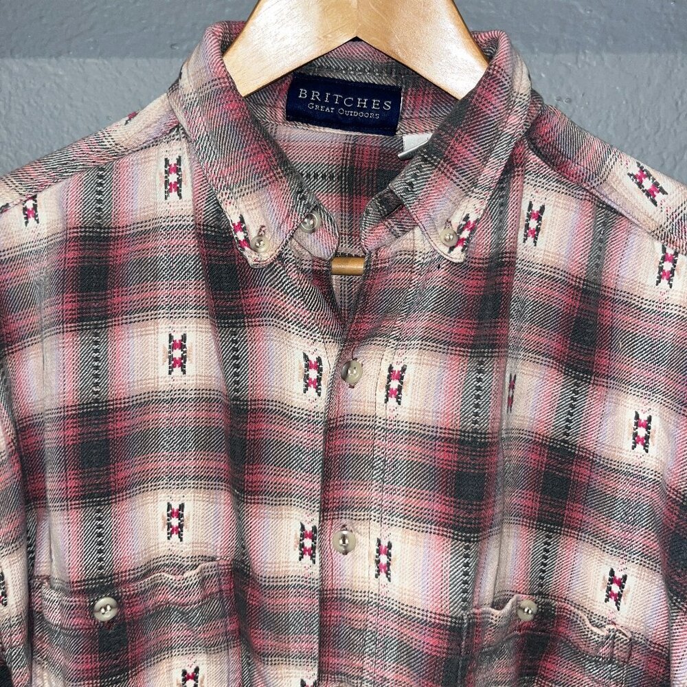 BRITCHES GREAT OUTDOORS Aztec Plaid Flannel Button Down Shirt - Made in Nepal -L